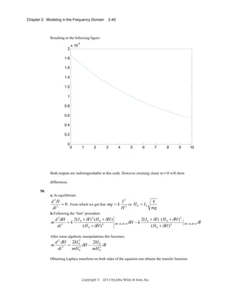 Chapter 2: Modeling in the Frequency Domain

2-40

Resulting in the following figure:
-3

2

x 10

1.8
1.6
1.4
1.2
1
0.8
0.6
0.4
0.2
0

0

1

2

3

4

5

6

7

8

9

10

Both outputs are indistinguishable at this scale. However zooming closer to t=0 will show
differences.
58.
a. At equilibrium

I2
k
d 2H
= 0 . From which we get that mg = k 2 or H 0 = I 0
2
mg
H
dt
b. Following the ‘hint’ procedure:

2( I 0 + δI ) 2 ( H 0 + δH )
d 2δH
m
=k
dt 2
( H 0 + δH ) 4

2( I 0 + δI ) ( H 0 + δH ) 2
δH = 0 ,δI = 0 δH − k
( H 0 + δH ) 4

δH = 0 ,δI = 0

After some algebraic manipulations this becomes:

2kI 0
d 2 δH 2kI 02
=
m
δH −
δI
2
3
dt
mH 0
mH 02
Obtaining Laplace transform on both sides of the equation one obtains the transfer function:

Copyright © 2011 by John Wiley & Sons, Inc.

δI

 