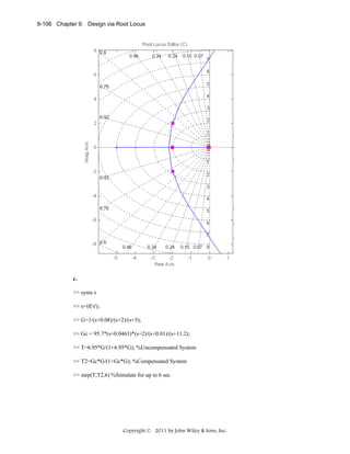 9-106 Chapter 9: Design via Root Locus

c.
>> syms s
>> s=tf('s');
>> G=1/(s+0.08)/(s+2)/(s+5);
>> Gc = 95.7*(s+0.0463)*(s+2)/(s+0.01)/(s+11.2);
>> T=6.95*G/(1+6.95*G); %Uncompensated System
>> T2=Gc*G/(1+Gc*G); %Compensated System
>> step(T,T2,6) %Simulate for up to 6 sec

Copyright © 2011 by John Wiley & Sons, Inc.

 