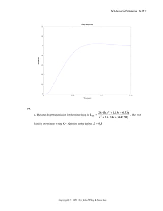 Solutions to Problems 9-111

Step Response
1.4

1.2

1

Amplitude

0.8

0.6

0.4

0.2

0

0

0.05

0.1

0.15

Time (sec)

49.
a. The open loop transmission for the minor loop is LML
locus is shown next where K=132results in the desired

=

26.45( s 2 + 1.15s + 0.33)
. The root
s 2 + 1.4.24s + 3447.91)

ξ = 0,5

Copyright © 2011 by John Wiley & Sons, Inc.

 