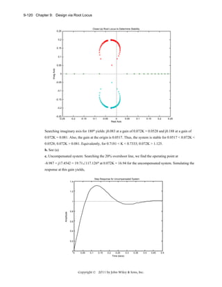 9-120 Chapter 9: Design via Root Locus

Close-Up Root Locus to Determine Stability

0.25

0.2

0.15

0.1

Imag Axis

0.05

0

-0.05

-0.1

-0.15

-0.2

-0.25
-0.25

-0.2

-0.15

-0.1

-0.05

0
Real Axis

0.05

0.1

0.15

0.2

0.25

Searching imaginary axis for 180o yields: j0.083 at a gain of 0.072K = 0.0528 and j0.188 at a gain of
0.072K = 0.081. Also, the gain at the origin is 0.0517. Thus, the system is stable for 0.0517 < 0.072K <
0.0528; 0.072K > 0.081. Equivalently, for 0.7181 < K < 0.7333; 0.072K > 1.125.
b. See (a)
c. Uncompensated system: Searching the 20% overshoot line, we find the operating point at
-8.987 + j17.4542 = 19.71∠117.126o at 0.072K = 16.94 for the uncompensated system. Simulating the
response at this gain yields,
Step Response for Uncompensated System
1.4

1.2

Amplitude

1

0.8

0.6

0.4

0.2

0
0

0.05

0.1

0.15

0.2

0.25
0.3
Time (secs)

0.35

0.4

Copyright © 2011 by John Wiley & Sons, Inc.

0.45

0.5

 