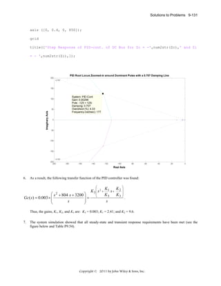 Solutions to Problems 9-131

axis ([0, 0.4, 0, 850]);
grid
title(['Step Response of PID-cont. of DC Bus for Zc = -',num2str(Zc),' and Zi
= - ',num2str(Zi),]);

PID Root Locus Zoomed-in around Dominant Poles with a 0.707 Damping Line
200
0.707

150

System: PID-Cont
Gain: 0.00298
Pole: -125 + 125i
Damping: 0.707
Overshoot (%): 4.33
Frequency (rad/sec): 177

100

Imaginary Axis

50

0

-50

-100

-150

0.707

-200
-200

-180

-160

-140

-120

-100

-80

-60

-40

-20

0

Real Axis

6.

As a result, the following transfer function of the PID controller was found:
⎛

⎛ s 2 + 804 s + 3200 ⎞
⎟=
Gc( s ) = 0.003 × ⎜
⎜
⎟
s
⎝
⎠

K3 ⎜ s 2 +
⎜
⎜
⎝

K1
K ⎞
s+ 2 ⎟
⎟
K3
K3 ⎟
⎠
.
s

Thus, the gains, K1, K2, and K3 are: K3 = 0.003; K1 = 2.41; and K2 = 9.6.
7.

The system simulation showed that all steady-state and transient response requirements have been met (see the
figure below and Table P9.54).

Copyright © 2011 by John Wiley & Sons, Inc.

 