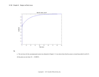 9-138 Chapter 9: Design via Root Locus

56.
a. The root locus for the uncompensated system was obtained in Chapter 8 . It was shown there that the system is closed loop stable for all K>0 .
All the poles are real when K = −0 .00331 .

Copyright © 2011 by John Wiley & Sons, Inc.

 
