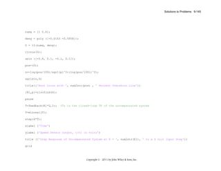 Solutions to Problems 9-145

numg = [1 0.6];
deng = poly ([-0.0163 -0.5858]);
G = tf(numg, deng);
rlocus(G);
axis ([-0.8, 0.1, -0.1, 0.1]);
pos=(0);
z=-log(pos/100)/sqrt(pi^2+(log(pos/100))^2);
sgrid(z,0)
title(['Root Locus with ', num2str(pos) , ' Percent Overshoot Line'])
[K1,p]=rlocfind(G);
pause
T=feedback(K1*G,1);

%Tu is the closed-loop TF of the uncompensated system

T=minreal(T);
step(4*T);
xlabel ('Time')
ylabel ('Speed Sensor Output, c(t) in volts')
title (['Step Response of Uncompensated System at K = ', num2str(K1), ' to a 4 volt Input Step'])
grid

Copyright © 2011 by John Wiley & Sons, Inc.

 