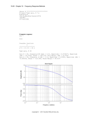 10-20 Chapter 10: Frequency Response Methods

%Enter K **************************
K=input('Type gain, K ');
bode(K*G,w)
[Gm,Pm,Wcp,Wcg]=margin(K*G)
'Gm(dB)'
20*log10(Gm)

Computer response:
ans =
G(s)

Transfer function:
1
------------------s^3 + 15 s^2 + 36 s
Type gain, K 40
Gain K = 40, Frequency(180 deg) = 6.01, Magnitude = 0.0738277, Magnitude
(dB) = -22.6356, Phase = -180.076, Gain Margin (dB) = 22.6356
Gain K = 40, Frequency (0 dB) = 1.11, Magnitude = 0.93481, Magnitude (dB) =
-0.585534, Phase = -115.589, Phase Margin = 64.4107

Copyright © 2011 by John Wiley & Sons, Inc.

 