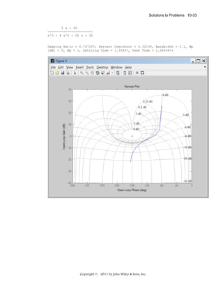 Solutions to Problems 10-33

5 s + 30
----------------------s^3 + 4 s^2 + 20 s + 30

Damping Ratio = 0.707107, Percent Overshoot = 4.32139, Bandwidth = 5.1, Mp
(dB) = 0, Mp = 1, Settling Time = 1.35847, Peak Time = 1.06694>>

Copyright © 2011 by John Wiley & Sons, Inc.

 