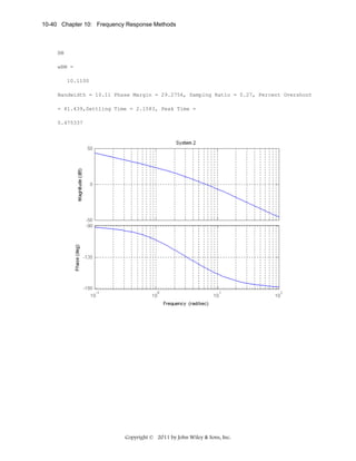 10-40 Chapter 10: Frequency Response Methods

BW
wBW =
10.1100
Bandwidth = 10.11 Phase Margin = 29.2756, Damping Ratio = 0.27, Percent Overshoot
= 41.439,Settling Time = 2.1583, Peak Time =
0.475337

Copyright © 2011 by John Wiley & Sons, Inc.

 
