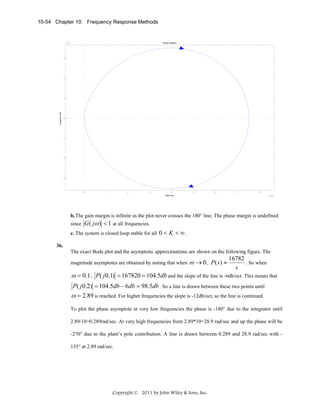 10-54 Chapter 10: Frequency Response Methods

-3

Nyquist Diagram

x 10

3

2

Imaginary Axis

1

0

-1

-2

-3

0

1

2

3

4

5

6

7

8
-3

Real Axis

x 10

b. The gain margin is infinite as the plot never crosses the 180° line. The phase margin is undefined
since

G ( jω ) < 1 at all frequencies.

c. The system is closed loop stable for all

0 < K < ∞.

36.
The exact Bode plot and the asymptotic approximations are shown on the following figure. The
magnitude asymptotes are obtained by noting that when

ω → 0 , P( s) ≈

16782
. So when
s

ω = 0.1 , P( j 0.1) = 167820 = 104.5db and the slope of the line is -6db/oct. This means that
P( j 0.2) = 104.5db − 6db = 98.5db . So a line is drawn between these two points until
ω = 2.89 is reached. For higher frequencies the slope is -12db/oct, so the line is continued.
To plot the phase asymptote at very low frequencies the phase is -180° due to the integrator until
2.89/10=0.289rad/sec. At very high frequencies from 2.89*10=28.9 rad/sec and up the phase will be
-270° due to the plant’s pole contribution. A line is drawn between 0.289 and 28.9 rad/sec with 135° at 2.89 rad/sec.

Copyright © 2011 by John Wiley & Sons, Inc.

 