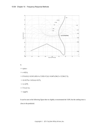 10-58 Chapter 10: Frequency Response Methods

40
0 dB
30

0.25 dB
0.5 dB

20

1 dB

-1 dB

3 dB

10

-3 dB

Open-Loop Gain (dB)

6 dB

0

-6 dB

x

w=0.93rad/sec
-12 dB

-10

-20 dB

-20

-30

-40 dB

-40

-50
-360

-315

-270

-225

-180
Open-Loop Phase (deg)

-135

-90

-45

0

c.
>> syms s
>> s=tf('s');
>> P=0.63/(1+0.36*s/305.4+s^2/305.4^2)/(1+0.04*s/248.2+s^2/248.2^2);
>> G=0.5*(s+1.63)/s/(s+0.27);
>> L=G*P;
>> T=L/(1+L)
>> step(T)

It can be seen in the following figure that we slightly overestimated the %OS, but the settling time is
close to the predicted.

Copyright © 2011 by John Wiley & Sons, Inc.

 