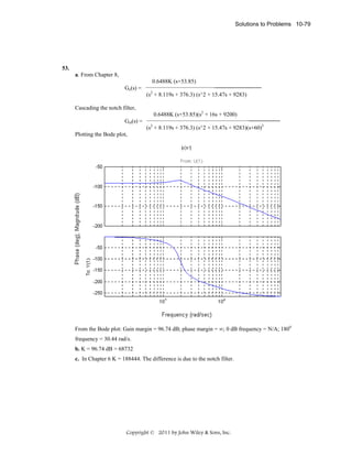 Solutions to Problems 10-79

53.
a. From Chapter 8,
0.6488K (s+53.85)
Ge(s) =

_________________________
2

(s + 8.119s + 376.3) (s^2 + 15.47s + 9283)
Cascading the notch filter,
0.6488K (s+53.85)(s2 + 16s + 9200)
Get(s) =

_________________
2

(s + 8.119s + 376.3) (s^2 + 15.47s + 9283)(s+60)2

Plotting the Bode plot,

From the Bode plot: Gain margin = 96.74 dB; phase margin = ∞; 0 dB frequency = N/A; 1800
frequency = 30.44 rad/s.
b. K = 96.74 dB = 68732
c. In Chapter 6 K = 188444. The difference is due to the notch filter.

Copyright © 2011 by John Wiley & Sons, Inc.

 
