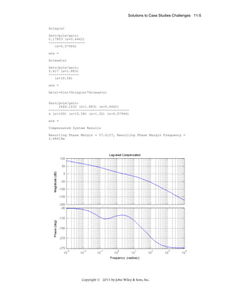 Solutions to Case Studies Challenges 11-5

Gclag(s)
Zero/pole/gain:
0.17803 (s+0.4462)
-----------------(s+0.07944)
ans =
Gclead(s)
Zero/pole/gain:
5.617 (s+1.883)
--------------(s+10.58)
ans =
Ge(s)=G(s)*Gclag(s)*Gclead(s)
Zero/pole/gain:
2640.1632 (s+1.883) (s+0.4462)
---------------------------------------s (s+100) (s+10.58) (s+1.32) (s+0.07944)
ans =
Compensated System Results
Resulting Phase Margin = 57.6157, Resulting Phase Margin Frequency =
2.68618»

Copyright © 2011 by John Wiley & Sons, Inc.

 