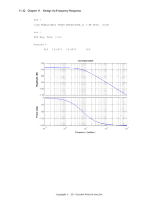 11-22 Chapter 11: Design via Frequency Response

ans =
Gain margin(dB); Phase margin(deg.); 0 dB freq. (r/s);
ans =
180 deg. freq. (r/s)
margins =
Inf

47.6277

14.5975

Inf

Copyright © 2011 by John Wiley & Sons, Inc.

 