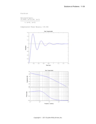 Solutions to Problems 11-39

G(s)Gc(s)
Zero/pole/gain:
19.9583 (s+18.04) (s+1)
----------------------s (s+6) (s+2)
Compensated Phase Margin,= 69.546

Copyright © 2011 by John Wiley & Sons, Inc.

 
