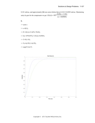Solutions to Design Problems 11-57

0.101 rad/sec, and approximately 0db one octave before that at 0.101/2=0.0505 rad/sec. Maintaining
unity dc gain for the compensator we get: Gc( s ) = 10 *

0.05( s + 1.01)
( s + 0.0505)

b.
>> syms s
>> s=tf('s');
>> P=1361/(s^2+69*s+70.85);
>> Gc=10*0.05*(s+1.01)/(s+0.0505);
>> T=P/(1+P);
>> Tc=Gc*P/(1+Gc*P);
>> step(T,Tc,0.7)

Step Response
1

0.9

0.8

0.7

Amplitude

0.6

0.5

0.4

0.3

0.2

0.1

0

0

0.1

0.2

0.3

0.4

0.5

Time (sec)

Copyright © 2011 by John Wiley & Sons, Inc.

0.6

0.7

 