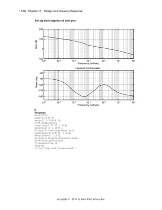 11-66 Chapter 11: Design via Frequency Response

The lag-lead compensated Bode plot:

Gain dB

200

100

0

-100
10-4

10 -3

10 -2

10 -1
Frequency (rad/sec)

10 0

10 1

102

10 0

10 1

102

Lag-lead Compensated

Phase deg

-60
-90
-120
-150
-180
10-4

10 -3

10 -2

10 -1
Frequency (rad/sec)

b.
Program:
K=1926500;
numg=4.514e-6;
deng=[1 0.04348 0];
G=tf(numg,deng);
numgclag=0.07*[1 0.093];
dengclag=[1 0.0065];
Gclag=tf(numgclag,dengclag);
numgclead=14.29*[1 0.25];
dengclead=[1 3.57];
Gclead=tf(numgclead,dengclead);
Ge=K*G*Gclag*Gclead;
T=feedback(Ge,1);
step(T)
title('Lag-lead Compensated')

Copyright © 2011 by John Wiley & Sons, Inc.

 