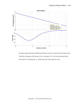 Solutions to Design Problems 11-79

Bode Diagram
60

20 Log Magnitude (dB)

50
40
30
20
10
0

System: G
Phase Margin (deg): 90
Delay Margin (sec): 0.0322
At frequency (rad/sec): 48.8
Closed Loop Stable? Yes

-10
-20
-90

Phase (deg)

-90.2

-90.4

-90.6

-90.8

-91
-1
10

0

1

10

10

2

10

Frequency (rad/sec)

The phase margin found from the Bode plot obtained in step (1) is greater than the required value.
Therefore, the response of the system, c(t), to a step input, r(t) = 4 u(t), has been plotted and is
shown below. The settling time, Ts, and the final value of the output are noted.

Copyright © 2011 by John Wiley & Sons, Inc.

 