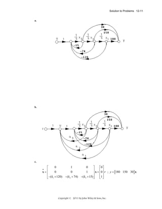 Solution to Problems 12-11

a.

b.

c.

0
1
0
⎡
⎤
⎡0⎤
⎢
⎥ x + ⎢0 ⎥ r ; y = 180 150 30 x
x=⎢
0
0
1
[
]
⎥
⎢ ⎥
⎢ −(k1 + 120) −(k2 + 74) −( k3 + 15) ⎥
⎢1 ⎥
⎣
⎦
⎣ ⎦
•

Copyright © 2011 by John Wiley & Sons, Inc.

 