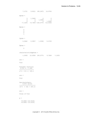 Solution to Problems 12-65

7.3731

9.8521

185.0475

14.9700

1.0000
0
0
1.0000
0
0
-9.7969 -183.9775

0
0
1.0000
-16.0500

Apnew =
0
0
0
-7.3255
Bpnew =
0
0
0
1
Cpnew =
0.0662

0.0857

1.6596

0.0720

183.9775

9.7969

Dpnew =
0
characteristiceqphase =
1.0000

16.0500

7.3255

ans =
T(s)
Transfer function:
0.072 s + 1.656
-----------------s^2 + 16 s + 183.1
ans =
T(s)
Zero/pole/gain:
0.072 (s+23)
-------------------(s^2 + 16s + 183.1)
ans =
Poles of T(s)
p =
-8.0000 +10.9150i
-8.0000 -10.9150i

Copyright © 2011 by John Wiley & Sons, Inc.

 