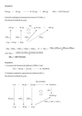 Exercice 4
CH4 (g) + 4F2 (g) CF4 (g) + 4HF (g) ∆H°R = -1923.0 KJ.mol-1
Calcul de l’enthalpie de formation de la liaison C-F (∆HC-F) :
On utilisant la méthode du cycle :
∆HR
CH4 (g) + 4F2 (g) CF4 (g) + 4HF (g)
+
4∆HC-H 4∆HF-F 4∆HC-F 4∆HH-F
C (g) + 4 H (g) + 8F(g)
- ∆HR - 4∆HF-F - 4∆HC-H + 4∆HC-F + 4∆HH-F = 0 => ∆HC-F =
୼ୌ౎	ା		ସ	୼ୌూషూ	ା			ସ୼ୌిషౄି	ସ୼ୌౄషూ
ସ
A.N: ∆HC-F =
ିଵଽଶଷ	ା		ସሺିଵହଷሻା			ସሺିସଵଶ.଺ሻି	ସሺିହ଺ଶ.଺ሻ
ସ
∆HC-F = -483.75 KJ/mol
Exercice 5:
1- La réaction de formation du méthanol à 298K et 1 atm :
C(s) + 2H2 (g) +
ଵ
ଶ
O2 (g) CH3OH (l)
2- Enthalpie standard de vaporisation du méthanol (∆H°V) :
On utilisant la méthode du cycle :
∆H°f (CH3OH)l
C(s) + 2H2 (g) +
ଵ
ଶ
O2 (g) CH3OH (l)
∆H°V
+
CH3OH (g)
∆Hsub(C)s 2∆HH-H
ଵ
ଶ
∆HO=O
3∆H°C-H+ ∆H°C-O+ ∆H°O-H
C (g) + 4H (g) + O (g)
E
E
 