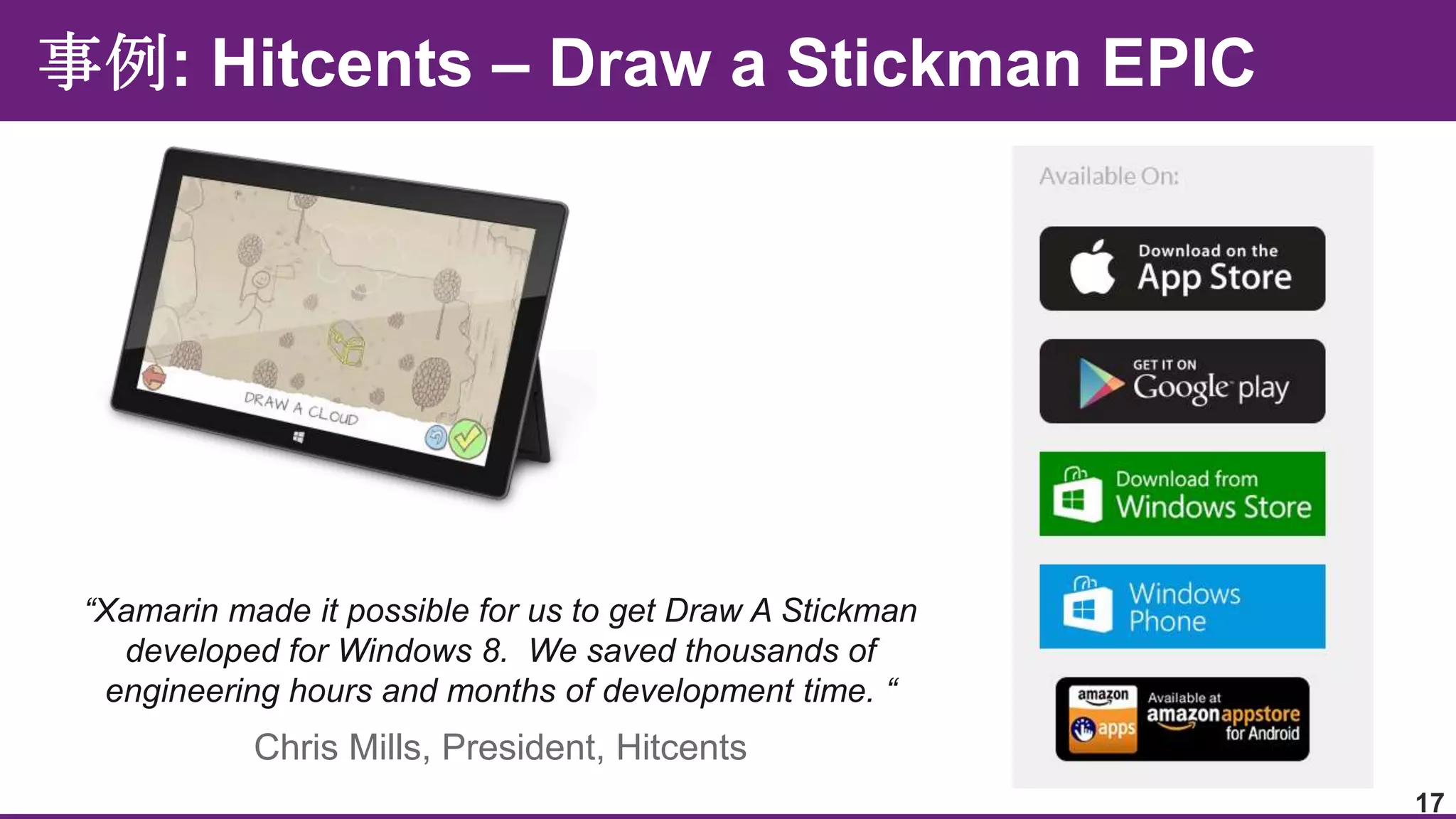 “Xamarin made it possible for us to get Draw A Stickman
developed for Windows 8. We saved thousands of
engineering hours and months of development time. “

Chris Mills, President, Hitcents
17

 