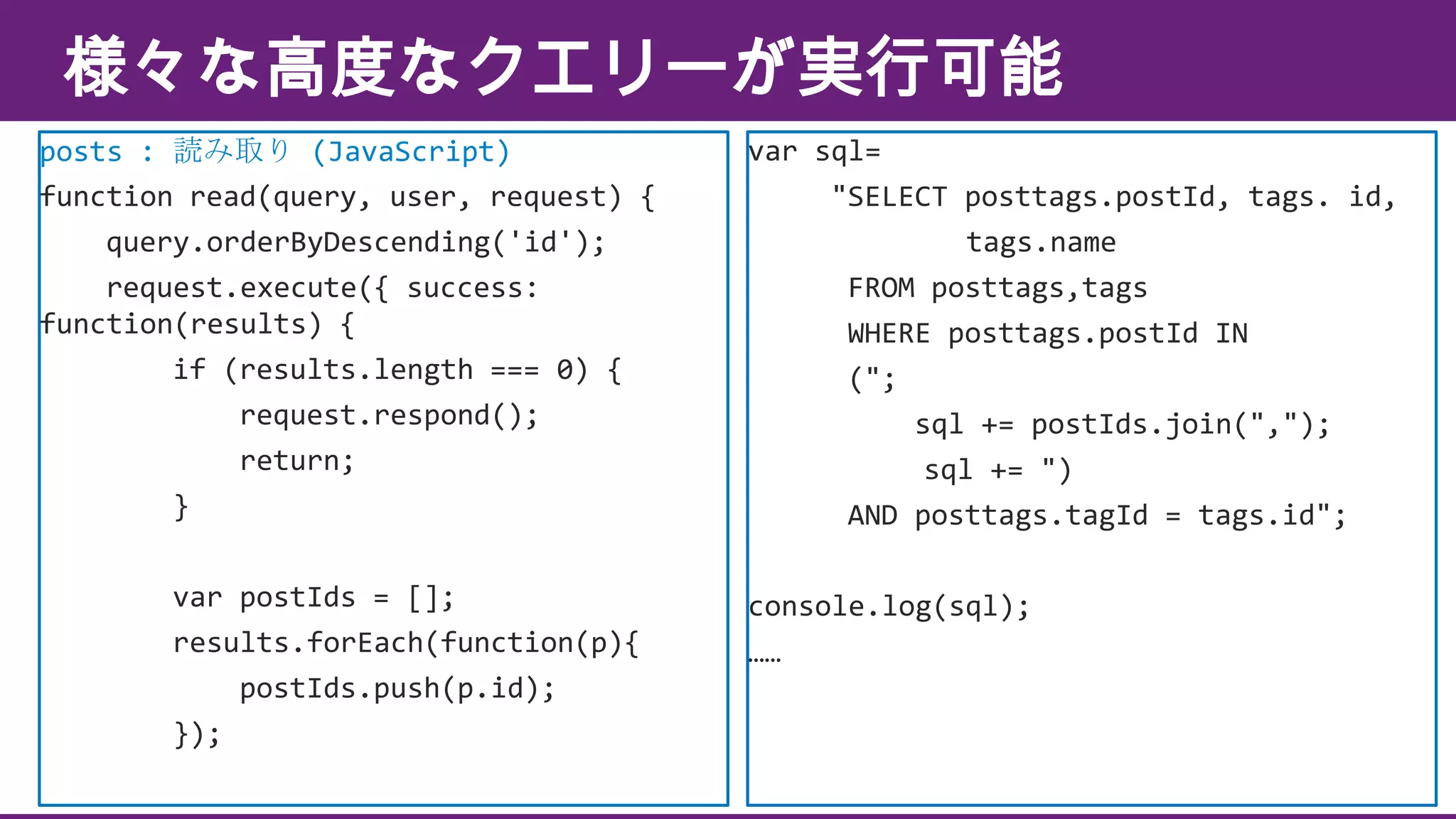 様々な高度なクエリーが実行可能
posts : 読み取り (JavaScript)
function read(query, user, request) {
query.orderByDescending('id');
request.execute({ success:
function(results) {
if (results.length === 0) {
request.respond();
return;
}
var postIds = [];
results.forEach(function(p){
postIds.push(p.id);
});

var sql=
"SELECT posttags.postId, tags. id,
tags.name
FROM posttags,tags
WHERE posttags.postId IN
(";
sql += postIds.join(",");
sql += ")
AND posttags.tagId = tags.id";
console.log(sql);
……

 