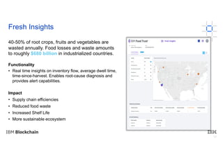 12
Fresh Insights
40-50% of root crops, fruits and vegetables are
wasted annually. Food losses and waste amounts
to roughly $680 billion in industrialized countries.
Functionality
• Real time insights on inventory flow, average dwell time,
time-since-harvest. Enables root-cause diagnosis and
provides alert capabilities.
Impact
• Supply chain efficiencies
• Reduced food waste
• Increased Shelf Life
• More sustainable ecosystem
12
 