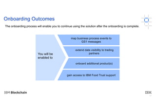 19
Onboarding Outcomes
The onboarding process will enable you to continue using the solution after the onboarding is complete.
You will be
enabled to
map business process events to
GS1 messages
gain access to IBM Food Trust support
onboard additional product(s)
extend data visibility to trading
partners
 