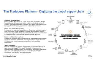 26
The TradeLens Platform - Digitizing the global supply chain
Connects the ecosystem
Brings together all parties in the supply chain - including traders, freight
forwarders, inland transportation, ports and terminals, ocean carriers,
customs and other government authorities, and others - onto a Blockchain-
based platform with a secure permission and identity framework
Drives true information sharing
Provides for the seamless, secure sharing of real-time, actionable supply
chain information across all parties to a trade - encompassing shipping
milestones, cargo details, trade documents, the structured data embedded
in trade documents, customs filings, sensor readings, and more
Fosters collaboration and trust
Enables the digitization and automation of the cross-organization business
processes integral to global trade, including import and export clearance,
with Blockchain ensuring secure, auditable, and non-repudiable
transactions
Spurs innovation
Lays the foundation for ongoing improvement and innovation through an
open, non-proprietary API, the use of standards and promotion of
interoperability, and the launch of an Applications Marketplace that parties
can use to build and deploy TradeLens-powered applications for
themselves, their partners, and their customers
Inland Transportation
Shippers / Beneficial
Cargo Owner
Supply Chain
Visibility Systems
Authorities
Financial /
Insurance Services
Port Community
Systems; Terminal
Operating Systems
Freight
Forwarders /
3PLs
Customs
Systems
Customs
Brokers
THE PLATFORM IS BUILT ON AN OPEN
TECHNOLOGY STACK AND IS UNDERPINNED
BY BLOCKCHAIN TECHNOLOGY
Ports and
Terminals
Ocean Carriers
Trade
Associations
Supply Chain /
Transportation
Management
Systems
 