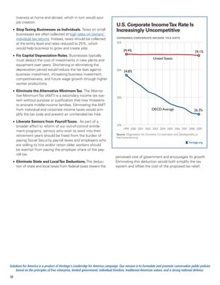 tiveness at home and abroad, which in turn would spur
     job creation.
                                                                               U.S. Corporate Income Tax Rate Is
  •	 Stop Taxing Businesses as Individuals. Taxes on small                     Increasingly Uncompetitive
     businesses are often collected at high rates on owners’
     individual tax returns. Instead, taxes should be collected                COMBINED CORPORATE INCOME TAX RATE

     at the entity level and rates reduced to 25%, which                        42%

     would help business to grow and create jobs.
                                                                                      39.4%                                                    39.1%
  •	 Fix Capital Depreciation Rules. Businesses typically
     must deduct the cost of investments in new plants and
                                                                                                            United States
     equipment over years. Shortening or eliminating the
     depreciation period would reduce the tax bias against                      36%
                                                                                      34.8%
     business investment, increasing business investment,
     competitiveness, and future wage growth through higher
     worker productivity.

  •	 Eliminate the Alternative Minimum Tax. The Alterna-
     tive Minimum Tax (AMT) is a secondary income tax sys-                      30%
     tem without purpose or justification that now threatens
     to ensnare middle-income families. Eliminating the AMT
     from individual and corporate income taxes would sim-                                                 OECD Average                       26.3%
     plify the tax code and prevent an unintended tax hike.

  •	 Liberate Seniors from Payroll Taxes.  As part of a
     broader effort to reform of our out-of-control entitle-                    24%
                                                                                      1999 2000 2001 2002 2003 2004 2005 2006 2007 2008 2009
     ment programs, seniors who wish to work into their
     retirement years should be freed from the burden of                       Source: Organisation for Economic Co-operation and Development, at
                                                                               http://www.oecd.org.
     paying Social Security payroll taxes and employers who
                                                                                                                                          heritage.org
     are willing to hire and/or retain older workers should
     be exempt from paying the employer share of the pay-
     roll tax.  
                                                                               perceived cost of government and encourages its growth.
  •	 Eliminate State and Local Tax Deductions. The deduc-                      Eliminating this deduction would both simplify the tax
     tion of state and local taxes from federal taxes lowers the               system and offset the cost of the proposed tax relief.




Solutions for America is a product of Heritage’s Leadership for America campaign. Our mission is to formulate and promote conservative public policies
     based on the principles of free enterprise, limited government, individual freedom, traditional American values, and a strong national defense.
10
 