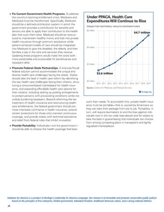 •	 Fix Current Government Health Programs. To address
     the country’s looming entitlement crisis, Medicare and                    Under PPACA, Health Care
     Medicaid must be transformed. Specifically, Medicare                      Expenditures Will Continue to Rise
     should be a defined-contribution system in which the
                                                                               PROJECTED NATIONAL HEALTH EXPENDITURES
     government provides a contribution for benefits and
     seniors are able to apply their contribution to the health                 $5 trillion
                                                                                                                                     $4.7 trillion
     plan that suits them best. Medicaid should be restruc-
     tured to mainstream healthy moms and kids into private
     health insurance through premium assistance while
     patient-centered models of care should be integrated
                                                                                $4 trillion
     into Medicaid to give the disabled, the elderly, and their
     families a say in the care and services they receive.
     Updating these programs would make the costs both
     more predictable and sustainable for beneficiaries and
     taxpayers alike.
                                                                                $3 trillion
  •	 Promote Federal–State Partnerships. A one-size-fits-all
     federal solution cannot accommodate the unique and
                                                                                              $2.6 trillion
     diverse health care challenges facing the states. States
     should take the lead in health care reform by identifying
                                                                                $2 trillion
     the key health care challenges facing their citizens, struc-                             2010 2011 2012 2013 2014 2015 2016 2017 2018 2019
     turing a consumer-based marketplace for health insur-
                                                                               Source: Centers for Medicare and Medicaid Services.
     ance, and expanding affordable health care options for
     their citizens, including setting up pooling arrangements                                                                            heritage.org
     to protect persons with pre-existing conditions while not
     unduly burdening taxpayers. Beyond reforming the tax
     treatment of health insurance and restructuring health                    suits their needs. To accomplish this, private health insur-
     care entitlements, the federal government should pro-                     ance must be portable—that is, owned by Americans so
     mote interstate commerce in health insurance, extend                      they can take their package from job to job. Portability, in
     certain protections for those who maintain continuous                     turn, will require lawmakers to end the bias against indi-
     coverage, and provide states with technical assistance                    viduals now in the tax code (see above) and for states to
     and relief from federal rules that inhibit innovation.                    take the lead in guaranteeing that individuals can choose
                                                                               from among competing plans in transparent and lightly
  •	 Provide Portability. Individuals—not the government—                      regulated marketplaces.
     should be able to choose the health coverage that best




Solutions for America is a product of Heritage’s Leadership for America campaign. Our mission is to formulate and promote conservative public policies
     based on the principles of free enterprise, limited government, individual freedom, traditional American values, and a strong national defense.
26
 