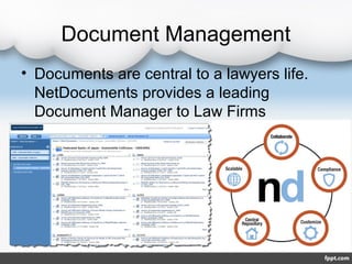 Document Management
• Documents are central to a lawyers life.
  NetDocuments provides a leading
  Document Manager to Law Firms
 