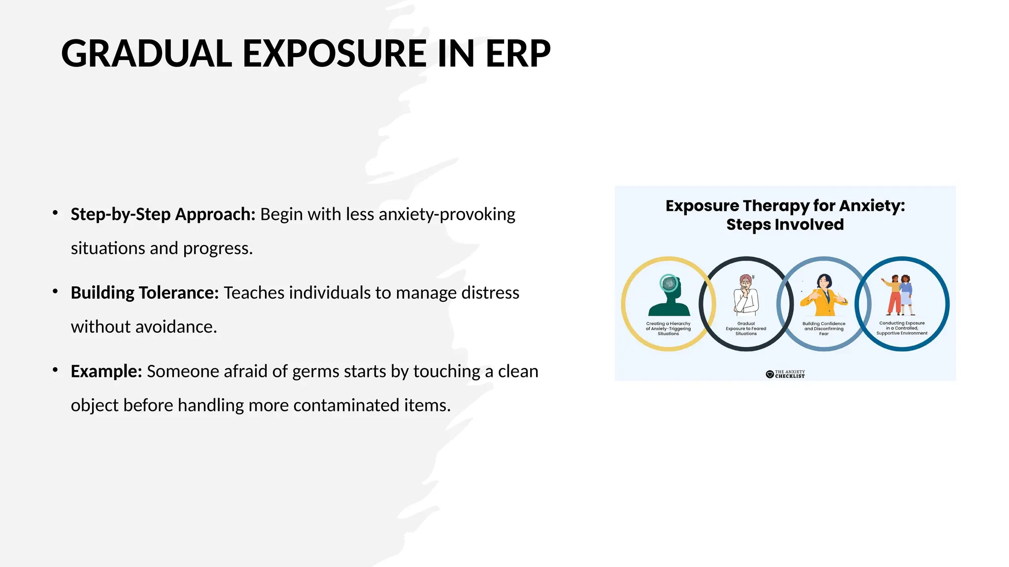 GRADUAL EXPOSURE IN ERP
• Step-by-Step Approach: Begin with less anxiety-provoking
situations and progress.
• Building Tolerance: Teaches individuals to manage distress
without avoidance.
• Example: Someone afraid of germs starts by touching a clean
object before handling more contaminated items.
 