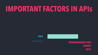 IMPORTANT FACTORS IN APIs
PROGRAMMABLE WEB 
SURVEY 
2013
PRICE
: : : : : : : : : : :
 
