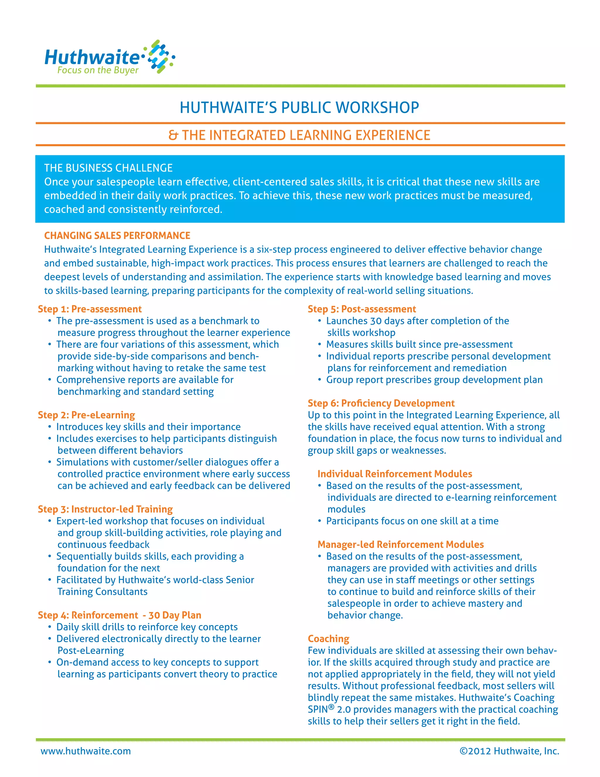 HUTHWAITE’S PUBLIC WORKSHOP
                              & THE INTEGRATED LEARNING EXPERIENCE

 THE BUSINESS CHALLENGE
 Once your salespeople learn eﬀective, client-centered sales skills, it is critical that these new skills are
 embedded in their daily work practices. To achieve this, these new work practices must be measured,
 coached and consistently reinforced.

 CHANGING SALES PERFORMANCE
 Huthwaite’s Integrated Learning Experience is a six-step process engineered to deliver eﬀective behavior change
 and embed sustainable, high-impact work practices. This process ensures that learners are challenged to reach the
 deepest levels of understanding and assimilation. The experience starts with knowledge based learning and moves
 to skills-based learning, preparing participants for the complexity of real-world selling situations.
Step 1: Pre-assessment                                      Step 5: Post-assessment
  • The pre-assessment is used as a benchmark to              • Launches 30 days after completion of the
    measure progress throughout the learner experience          skills workshop
  • There are four variations of this assessment, which       • Measures skills built since pre-assessment
    provide side-by-side comparisons and bench-               • Individual reports prescribe personal development
    marking without having to retake the same test              plans for reinforcement and remediation
  • Comprehensive reports are available for                   • Group report prescribes group development plan
    benchmarking and standard setting
                                                            Step 6: Proﬁciency Development
Step 2: Pre-eLearning                                       Up to this point in the Integrated Learning Experience, all
  • Introduces key skills and their importance              the skills have received equal attention. With a strong
  • Includes exercises to help participants distinguish     foundation in place, the focus now turns to individual and
    between diﬀerent behaviors                              group skill gaps or weaknesses.
  • Simulations with customer/seller dialogues oﬀer a
    controlled practice environment where early success       Individual Reinforcement Modules
    can be achieved and early feedback can be delivered       • Based on the results of the post-assessment,
                                                                individuals are directed to e-learning reinforcement
Step 3: Instructor-led Training                                 modules
  • Expert-led workshop that focuses on individual            • Participants focus on one skill at a time
    and group skill-building activities, role playing and
    continuous feedback                                       Manager-led Reinforcement Modules
  • Sequentially builds skills, each providing a              • Based on the results of the post-assessment,
    foundation for the next                                     managers are provided with activities and drills
  • Facilitated by Huthwaite’s world-class Senior               they can use in staﬀ meetings or other settings
    Training Consultants                                        to continue to build and reinforce skills of their
                                                                salespeople in order to achieve mastery and
Step 4: Reinforcement - 30 Day Plan                             behavior change.
  • Daily skill drills to reinforce key concepts
  • Delivered electronically directly to the learner        Coaching
    Post-eLearning                                          Few individuals are skilled at assessing their own behav-
  • On-demand access to key concepts to support             ior. If the skills acquired through study and practice are
    learning as participants convert theory to practice     not applied appropriately in the ﬁeld, they will not yield
                                                            results. Without professional feedback, most sellers will
                                                            blindly repeat the same mistakes. Huthwaite’s Coaching
                                                            SPIN® 2.0 provides managers with the practical coaching
                                                            skills to help their sellers get it right in the ﬁeld.


www.huthwaite.com                                                                              ©2012 Huthwaite, Inc.
 