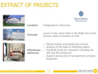 EXTRACT OF PROJECTS


                            Location     Heiligendamm /Germany


                                         Luxury 5-star resort hotel in the Baltic Sea at the
                            Concept
                                         German coast & member of LHW


                                         o  Market studies and positioning reviews
                                         o  Analysis of the Sales & Marketing status
                            Milestones   o  Feasibility study for expansion including the
                            delivered       SPA and the residences
                                         o  Support during exit of management company
                                            Kempinski




CREATING AND MANAGING SUCCESFUL HOTELS       19
 