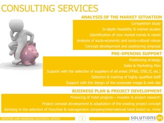 CONSULTING SERVICES
                                                   ANALYSIS OF THE MARKET SITUATION
                                                                                    Competition study
                                                                 In-depth feasibility & market studies
                                                         Identification of new market trends & needs
                                                Analysis of socio-economic and socio-cultural values
                                                       Concept development and positioning proposal

                                                                       PRE-OPENING SUPPORT	
  
                                                                                   Positioning strategy
                                                                               Sales & Marketing Plan
                             Support with the selection of suppliers of all areas (FF&E, OSE,IT, etc.)
                                                          Selection & training of highly qualified staff
                                         Support with the design of the corporate image & web site

                                             BUSINESS PLAN & PROJECT DEVELOPMENT	
  
                                            Financing of hotel projects – investor & project research
                          Project concept development & adaptation of the existing project concept
  Advising in the selection of franchise & management company/international hotel brand vs. niche

CREATING AND MANAGING SUCCESFUL HOTELS             9
 