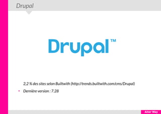 Drupal
2,2 % des sites selon Builtwith (http://trends.builtwith.com/cms/Drupal)
●
Dernière version : 7.28
 