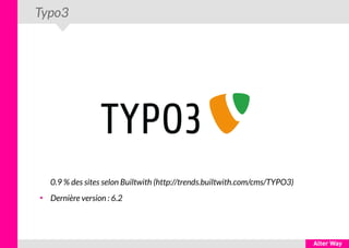 Typo3
0.9 % des sites selon Builtwith (http://trends.builtwith.com/cms/TYPO3)
●
Dernière version : 6.2
 