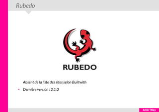 Rubedo
Absent de la liste des sites selon Builtwith
●
Dernière version : 2.1.0
 