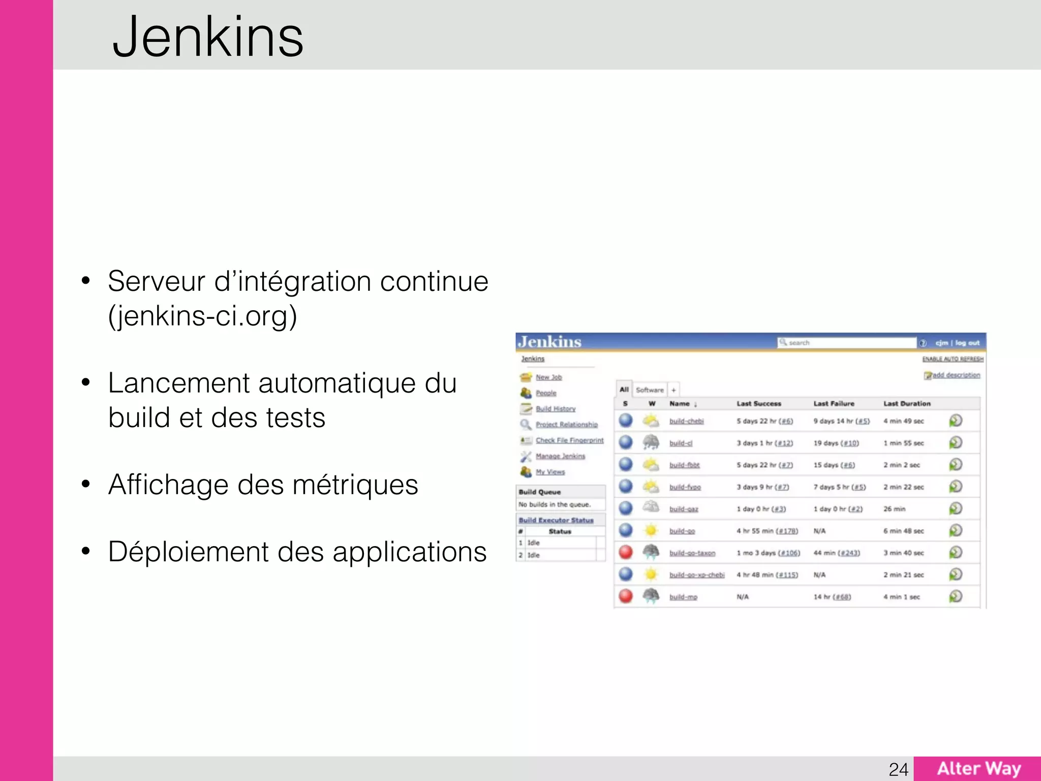 • Serveur d’intégration continue
(jenkins-ci.org)
• Lancement automatique du
build et des tests
• Afﬁchage des métriques
• Déploiement des applications
24
Jenkins
 