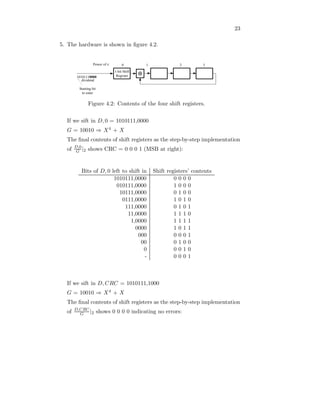 23
5. The hardware is shown in ﬁgure 4.2.
1-bit Shift
Register
dividend
10101110000
Starting bit
to enter
0 1 2 3
Power of x:
Figure 4.2: Contents of the four shift registers.
If we sift in D, 0 = 1010111,0000
G = 10010 ⇒ X4 + X
The ﬁnal contents of shift registers as the step-by-step implementation
of D,0
G |2 shows CRC = 0 0 0 1 (MSB at right):
Bits of D, 0 left to shift in Shift registers’ contents
1010111,0000 0 0 0 0
010111,0000 1 0 0 0
10111,0000 0 1 0 0
0111,0000 1 0 1 0
111,0000 0 1 0 1
11,0000 1 1 1 0
1,0000 1 1 1 1
0000 1 0 1 1
000 0 0 0 1
00 0 1 0 0
0 0 0 1 0
- 0 0 0 1
If we sift in D, CRC = 1010111,1000
G = 10010 ⇒ X4 + X
The ﬁnal contents of shift registers as the step-by-step implementation
of D,CRC
G |2 shows 0 0 0 0 indicating no errors:
 