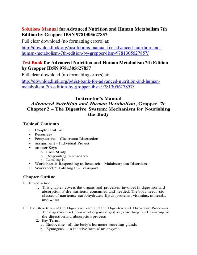 Solutions Manual For Advanced Nutrition And Human Metabolism