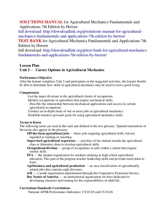 solutions manual for agricultural mechanics fundamentals and applicat agricultural career list