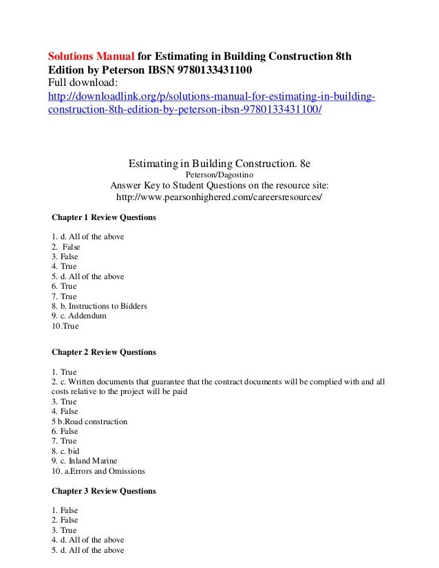 Solutions Manual For Estimating In Building Construction 8th - 