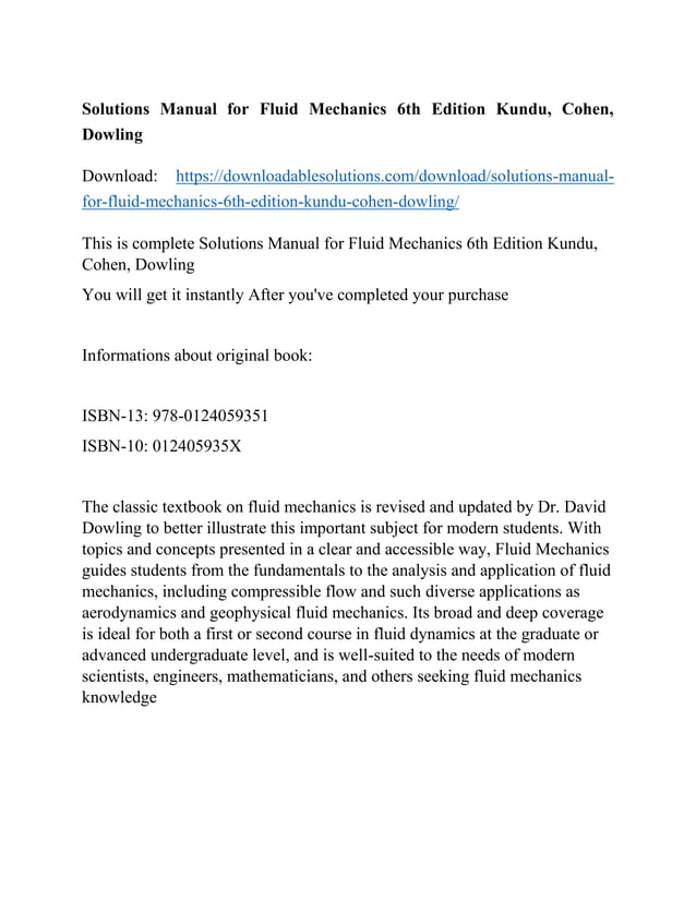 Solutions Manual for Fluid Mechanics 6th Edition Kundu, Cohen, Dowling PDF