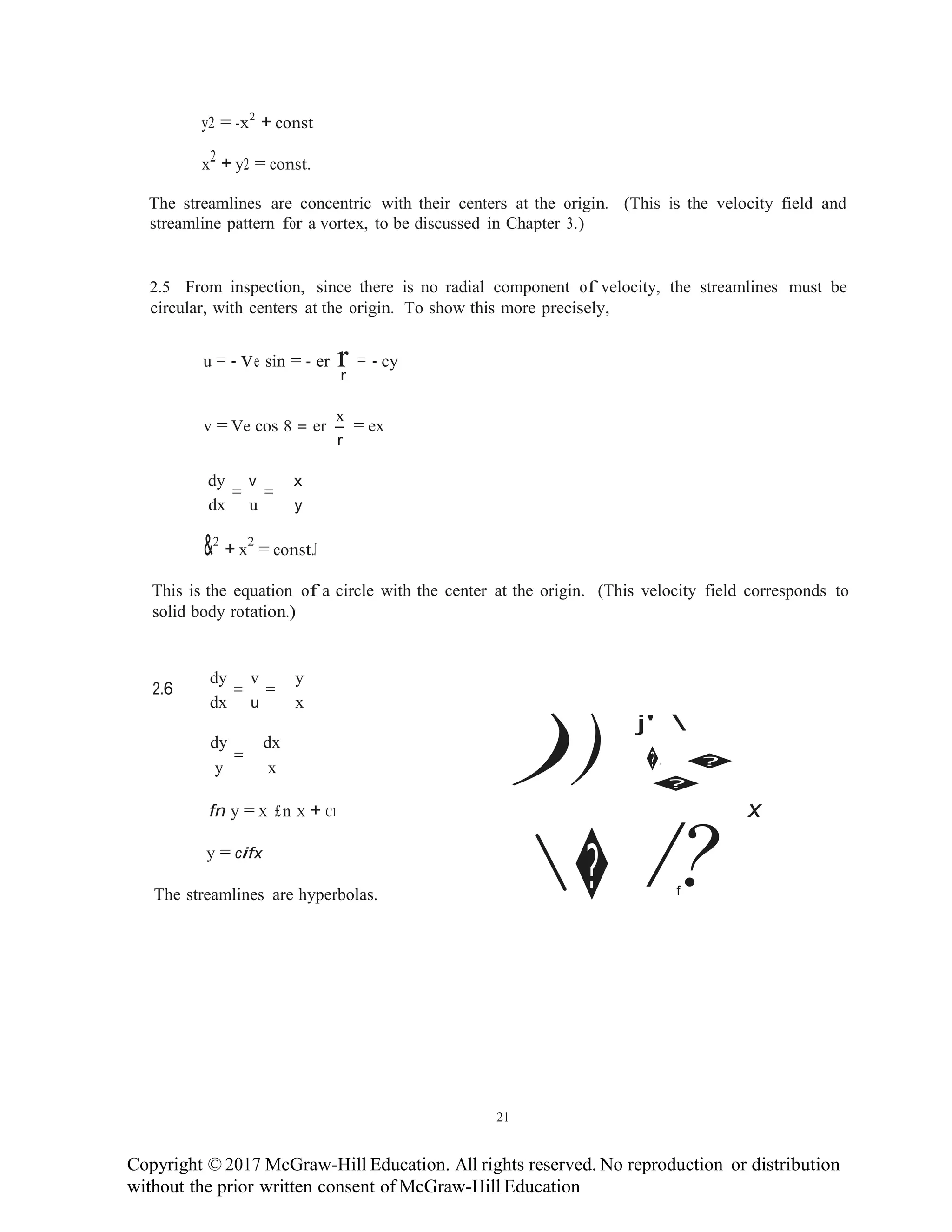 Copyright © 2017 McGraw-Hill Education. All rights reserved. No reproduction or distribution
without the prior written consent of McGraw-Hill Education
� /?
y2 = -x2
+ const
x2 + y2 = const.
The streamlines are concentric with their centers at the origin. (This is the velocity field and
streamline pattern for a vortex, to be discussed in Chapter 3.)
2.5 From inspection, since there is no radial component of velocity, the streamlines must be
circular, with centers at the origin. To show this more precisely,
u = - ve sin = - er r = - cy
r
x
v = Ve cos 8 = er - = ex
r
dy v x
= =
dx u y
&2
+ x
2
= const.J
This is the equation of a circle with the center at the origin. (This velocity field corresponds to
solid body rotation.)
dy v y
2.6
dx
=
u
=
x
dy dx
)) j' 
y
=
x �. �
�
fn y = X £n X + C1 x
y = cifx
The streamlines are hyperbolas. f
21
 
