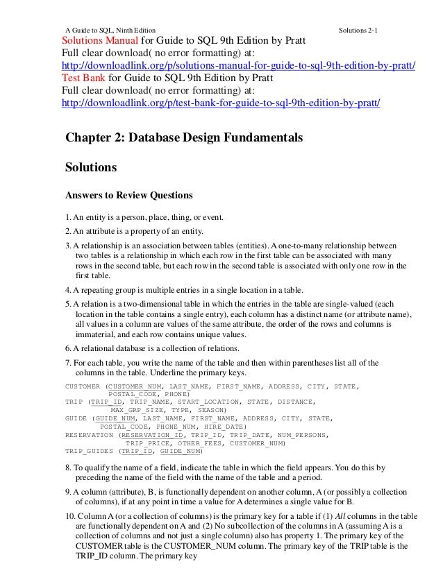 solutions manual for guide to sql 9th edition by pratt systems understanding aid 8th edition solutions