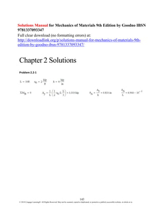 143
© 2018 Cengage Learning®. All Rights Reserved. May not be scanned, copied or duplicated, or posted to a publicly accessible website, in whole or in
part.
Solutions Manual for Mechanics of Materials 9th Edition by Goodno IBSN
9781337093347
Full clear download (no formatting errors) at:
http://downloadlink.org/p/solutions-manual-for-mechanics-of-materials-9th-
edition-by-goodno-ibsn-9781337093347/
Chapter 2 Solutions
Problem 2.2-1
 