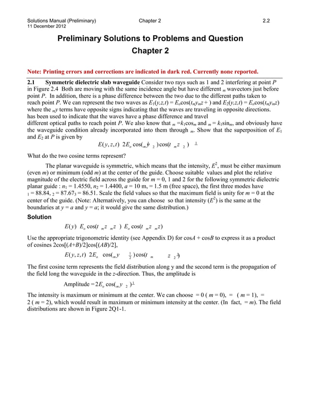 Solutions manual for optoelectronics and photonics principles and