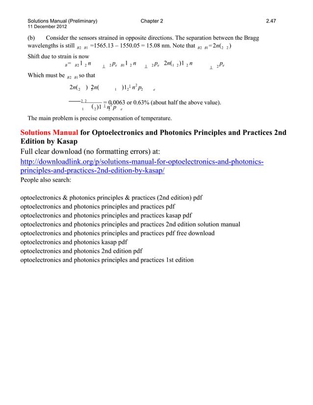 Solutions manual for optoelectronics and photonics principles and