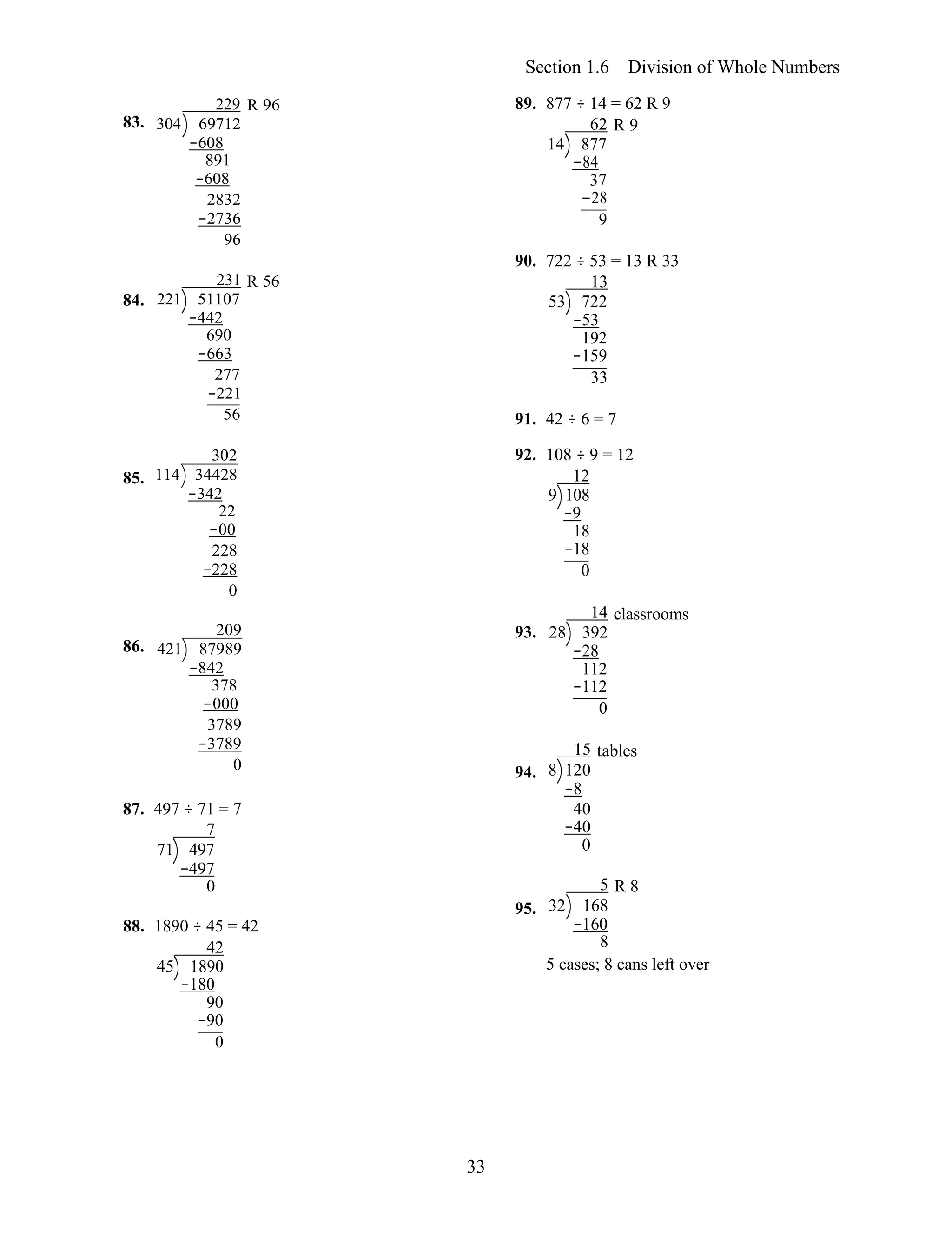 33
Section 1.6 Division of Whole Numbers
83.
84.
85.
229 R 96
304 69712
−608
891
−608
2832
−2736
96
231 R 56
221 51107
−442
690
−663
277
−221
56
302
114 34428
−342
22
−00
228
−228
0
89. 877 ÷ 14 = 62 R 9
62 R 9
14 877
−84
37
−28
9
90. 722 ÷ 53 = 13 R 33
13
53 722
−53
192
−159
33
91. 42 ÷ 6 = 7
92. 108 ÷ 9 = 12
12
9 108
−9
18
−18
0
14 classrooms
86.
209
421 87989
−842
378
−000
3789
−3789
0
93.
94.
28 392
−28
112
−112
0
15 tables
8 120
−8
87. 497 ÷ 71 = 7
7
71 497
−497
0
88. 1890 ÷ 45 = 42
42
45 1890
−180
90
−90
0
95.
40
−40
0
5 R 8
32 168
−160
8
5 cases; 8 cans left over
 